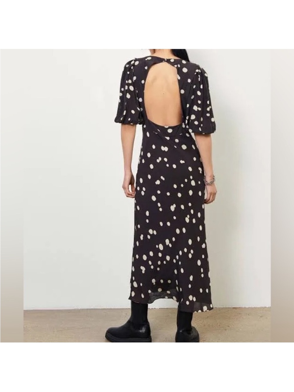 ba&sh Grey & Ivory Midi Dress with Polka Dots